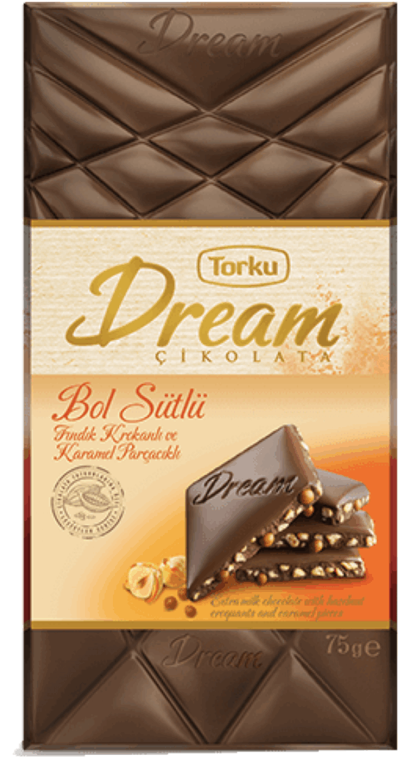 Torku Dream Rich Milk Chocolate with Hazelnut Croquette and Caramel Chips 75 gr